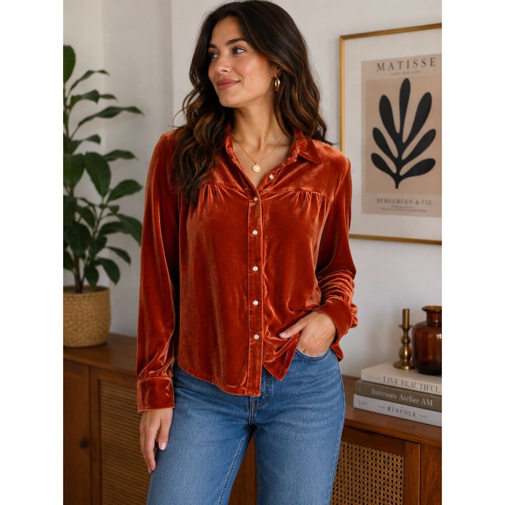 Vintage Rust Velvet Button Front Blouse | Soft Velour Long Sleeve Shirt L